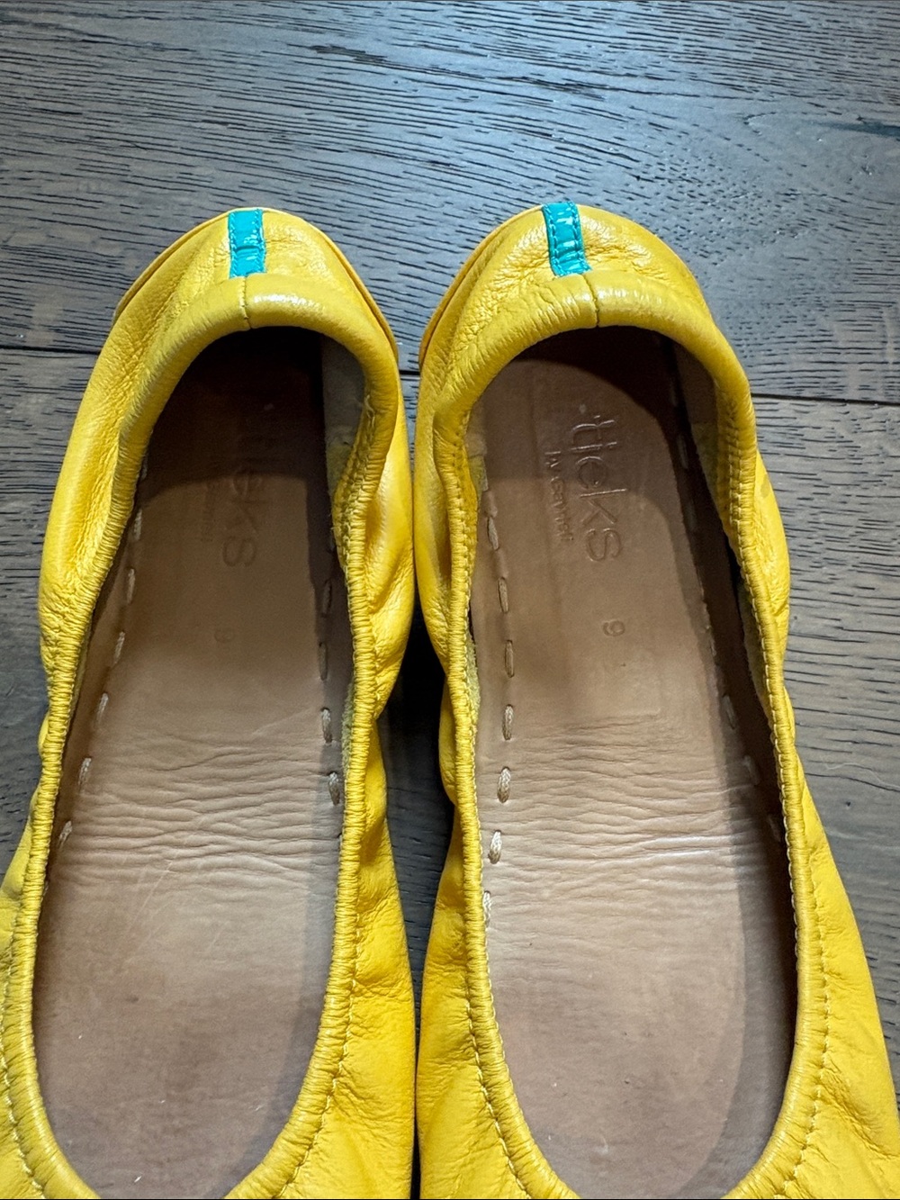 Tieks Yellow Leather Ballet Flats with Teal Accent - Picture 2 of 6